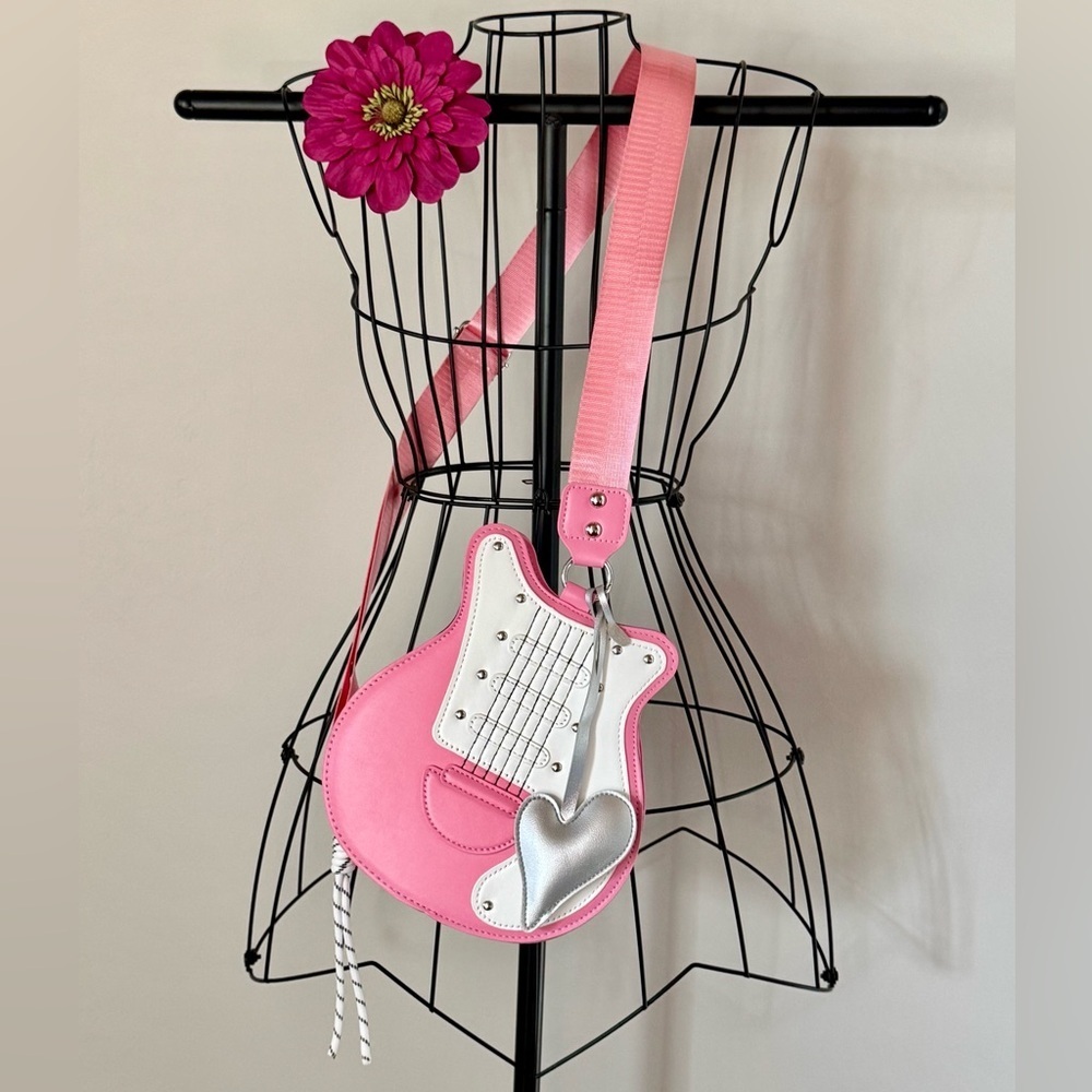 New Music Pink & White Guitar 80s Vibe Novelty Crossbody Shoulder Purse Bag